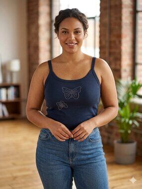 Navy Blue Strappy Top Rhinestone Butterfly Detail Size L